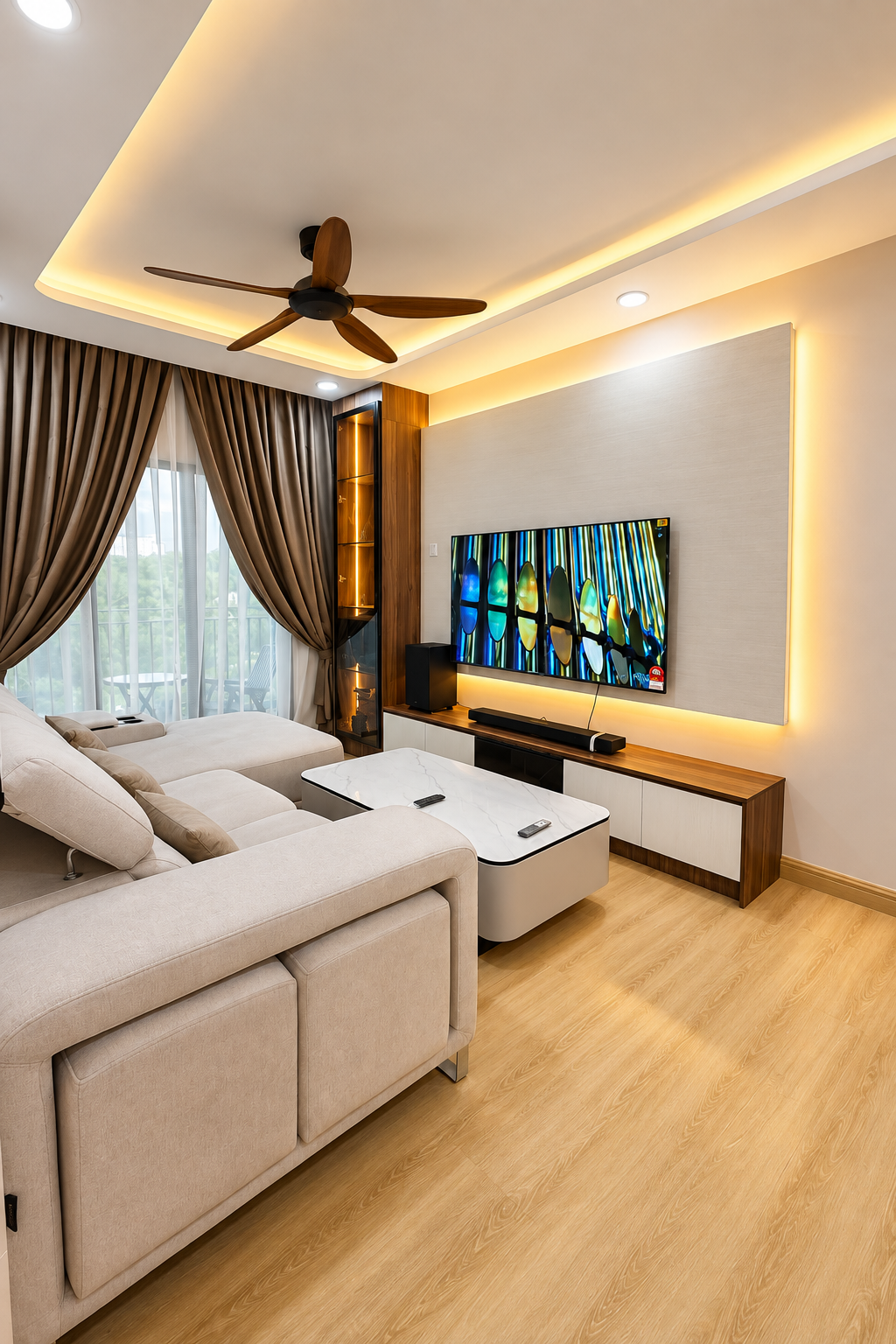 Completed living room with TV feature wall